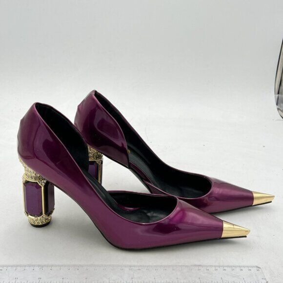 FSJ Purple Bridal Pointed Toe High Heel Crystal Pumps Slip on Wedding Thick Shoe - Picture 4 of 8